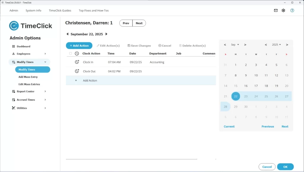 Screenshot showing the modify times screen on TimeClick's employee time clock software.