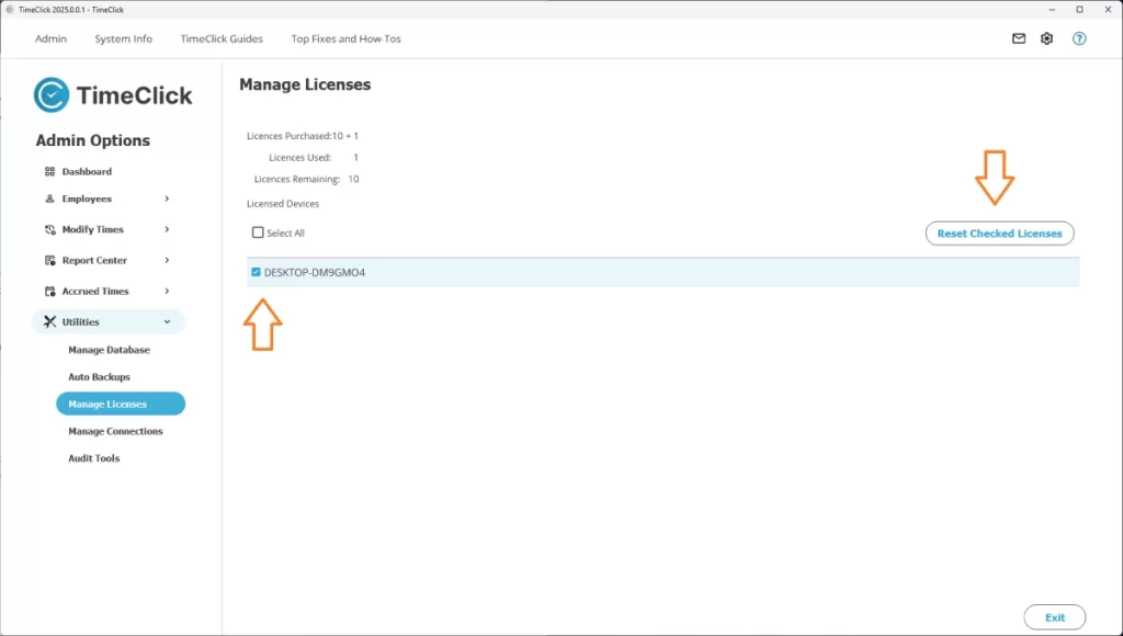 Screenshot showing how manage licenses for TimeClick employee time tracking software.