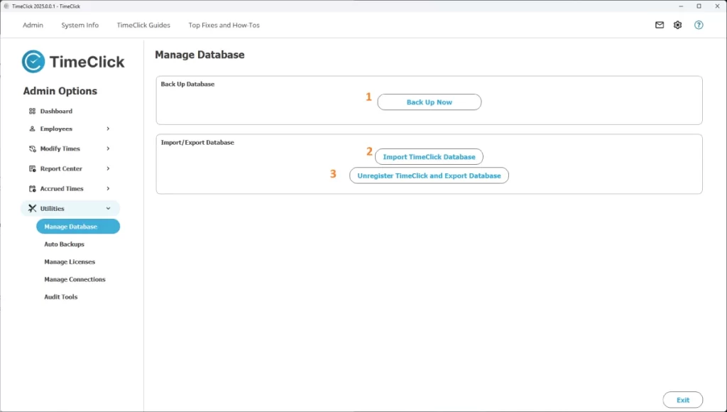 Screenshot showing how schedule database backups in TimeClick time clock software.