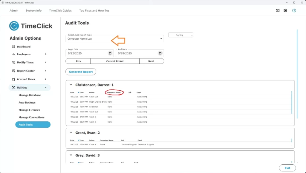Screenshot showing how to run audit reports in TimeClick employee time tracking software.