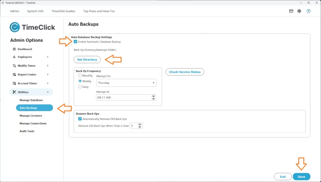 Screenshot showing how to schedule auto backups in TimeClick employee time clock software.