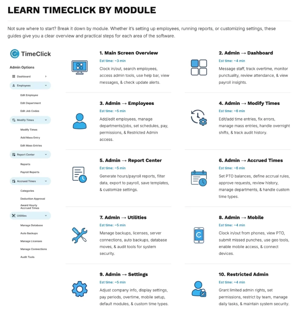 Screenshot of TimeClick Support Center’s Learn TimeClick by Module page showing ten module guides with estimated reading times and brief feature summaries.