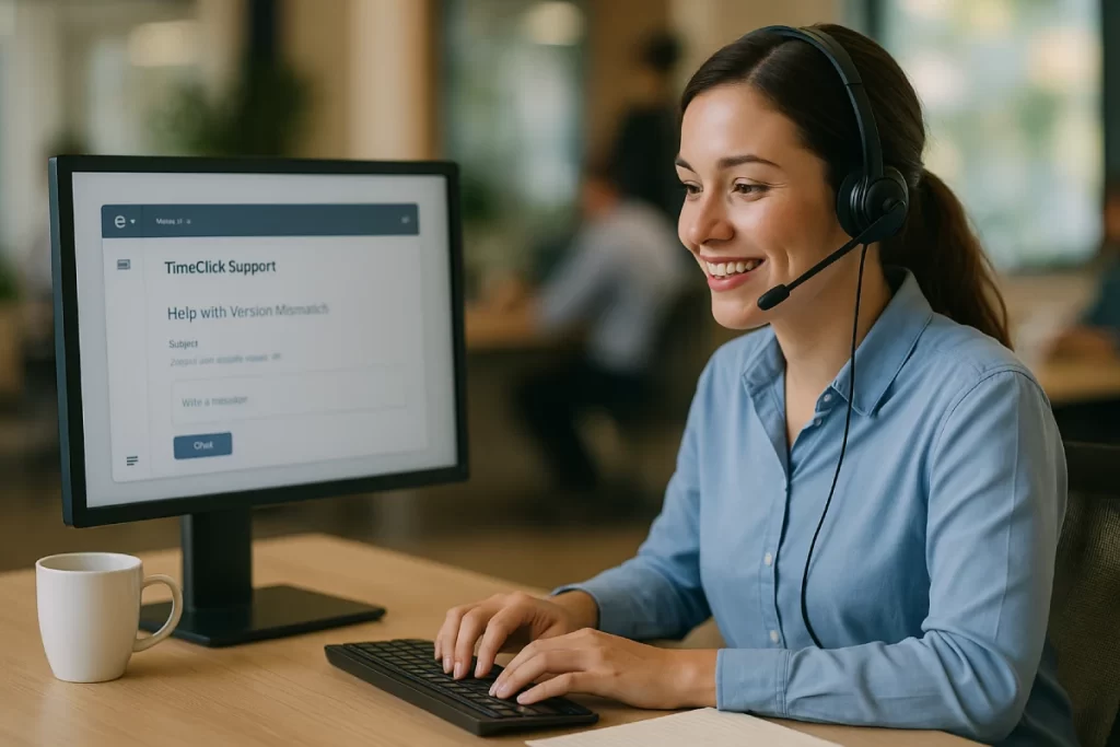 A smiling customer support representative wearing a headset helps a client via computer in a modern office, with a screen showing “TimeClick Support – Help with Version Mismatch,” representing technical assistance for time clock software.