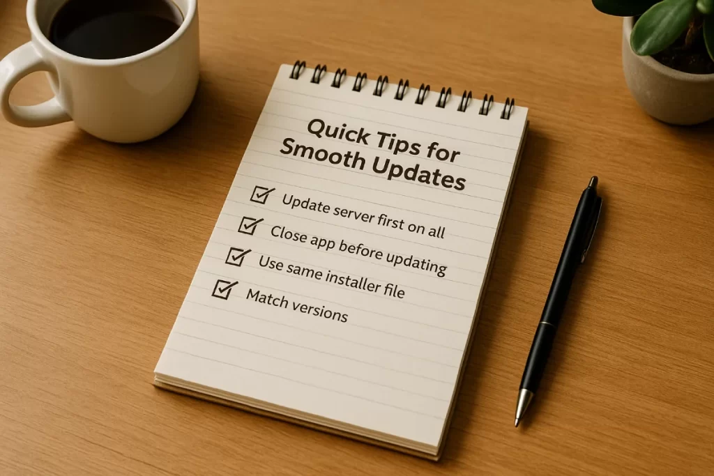 A notepad on a wooden desk shows a checklist titled “Quick Tips for Smooth Updates” with items about updating server versions and closing apps, representing maintenance best practices for time clock software.