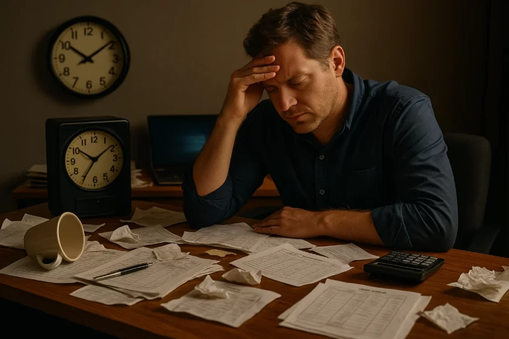 A frustrated business owner surrounded by messy timesheets, calculator, and papers, illustrating common time tracking mistakes small business owners make.