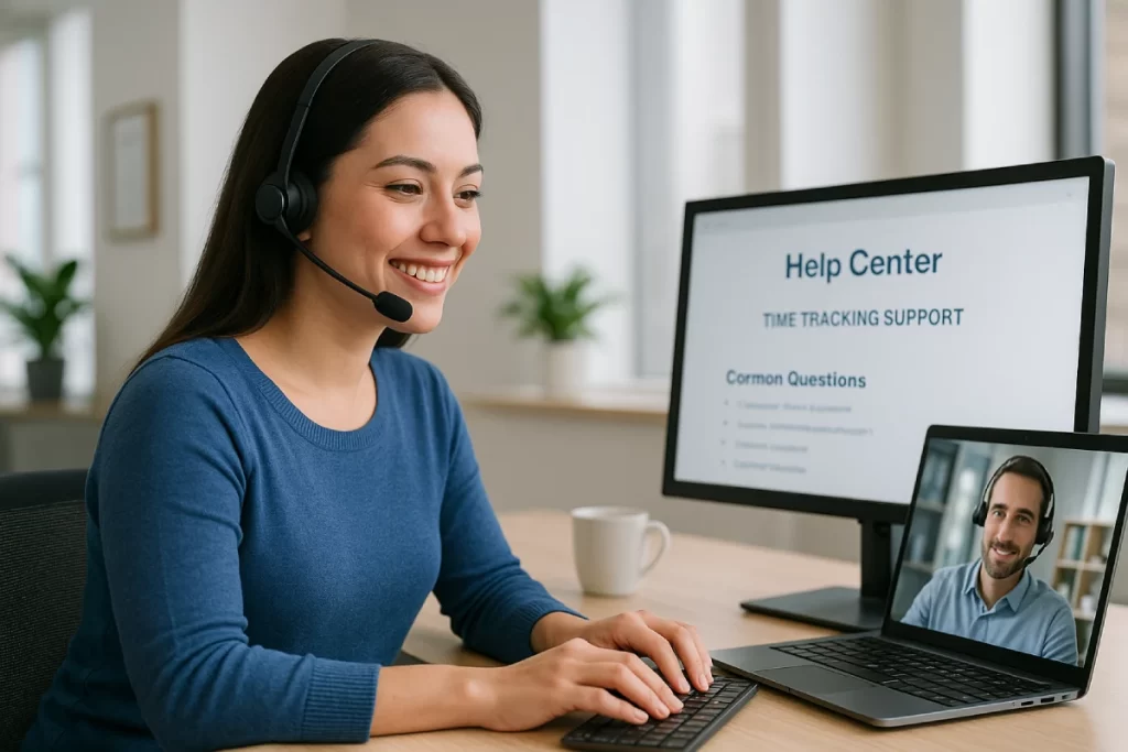 A customer support representative wearing a headset helps a client via video call, symbolizing expert guidance on time tracking for small business owners.