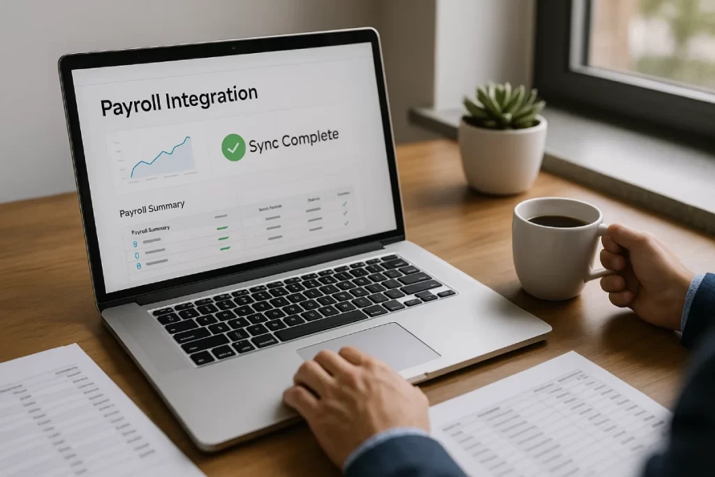 A laptop displays a payroll dashboard with “Sync Complete” while a professional reviews reports, showing smooth payroll integration for small business time tracking.