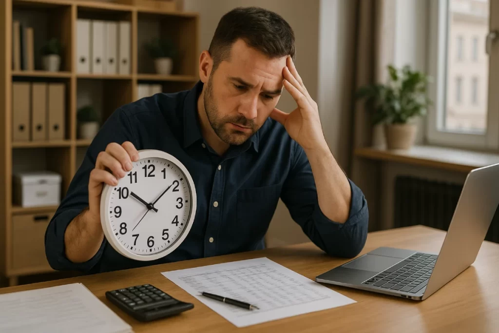 A small business owner sits at a modern desk reviewing payroll records and a wall clock, emphasizing why time tracking matters for small business owners.