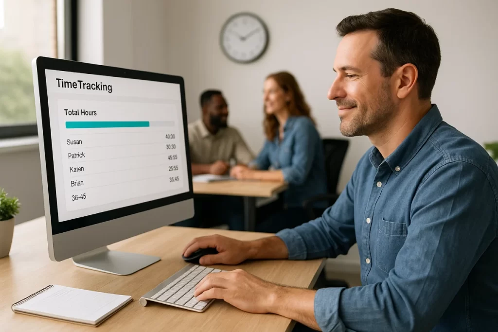 A confident business owner smiles while viewing a time tracking dashboard showing employee hours, representing how TimeClick helps small businesses manage time efficiently.