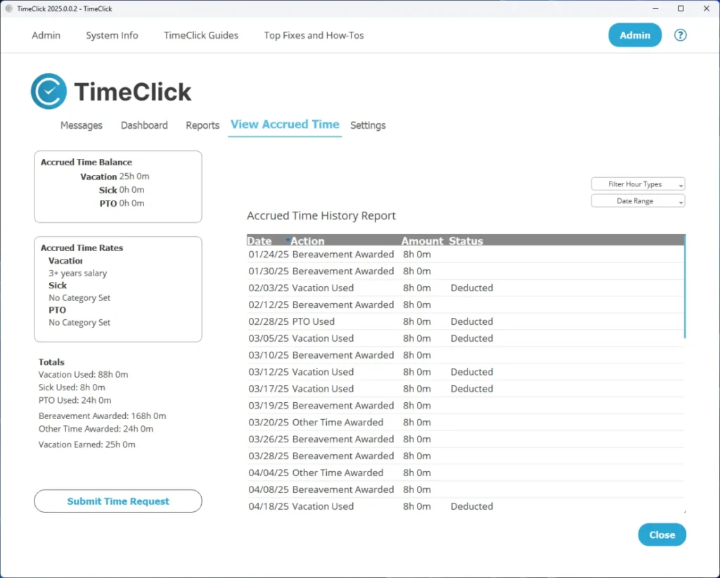 TimeClick employee reports tab showing hours report settings and export options