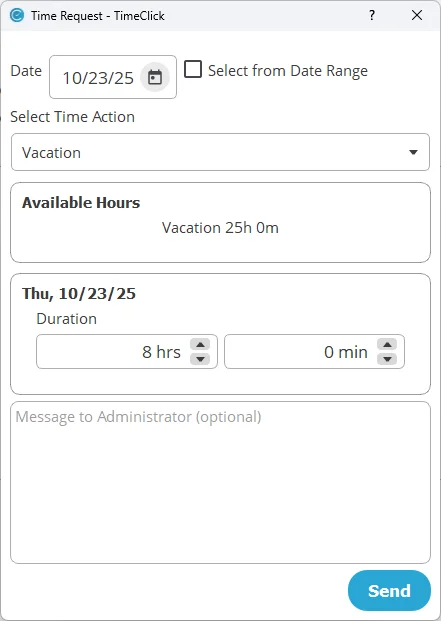 TimeClick employee time request screen showing vacation hours and date selection