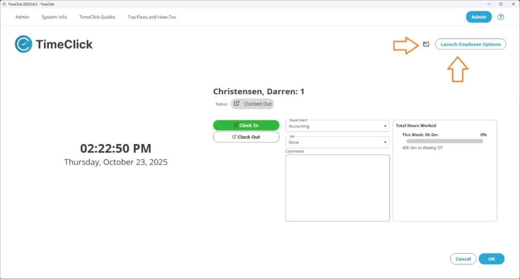 TimeClick main clock-in screen with Launch Employee Options button highlighted for employees