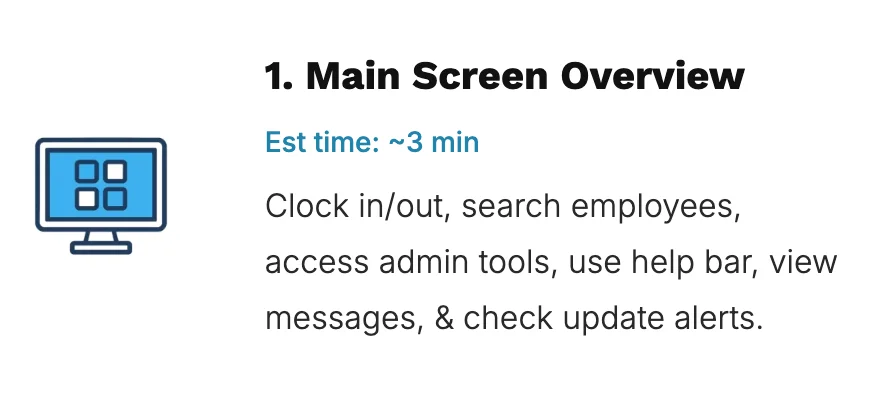 Screenshot of the main screen overview module in our Learn TimeClick by Module section of the TimeClick support center.