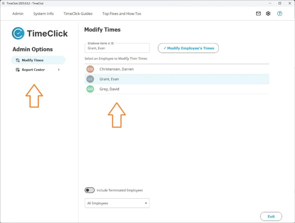 TimeClick Restricted Admin view highlighting limited module access and employee list under Modify Times
