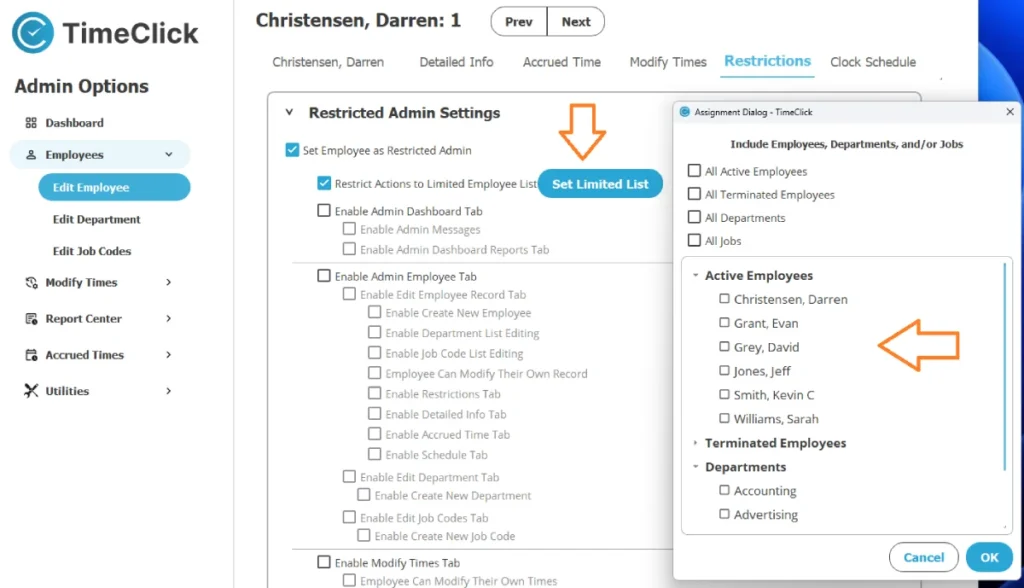 TimeClick Restricted Admin settings showing how to limit access to selected employees or departments