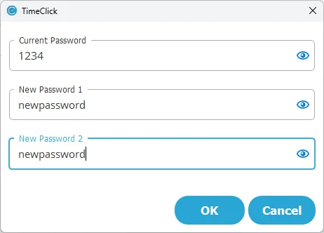 TimeClick admin password change window with current and new password fields.