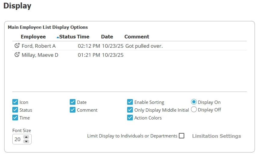 TimeClick display tab with employee list, status, and comment visibility options.