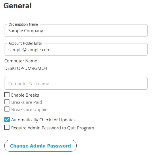 TimeClick general settings screen showing company name, email, break options, and update settings.
