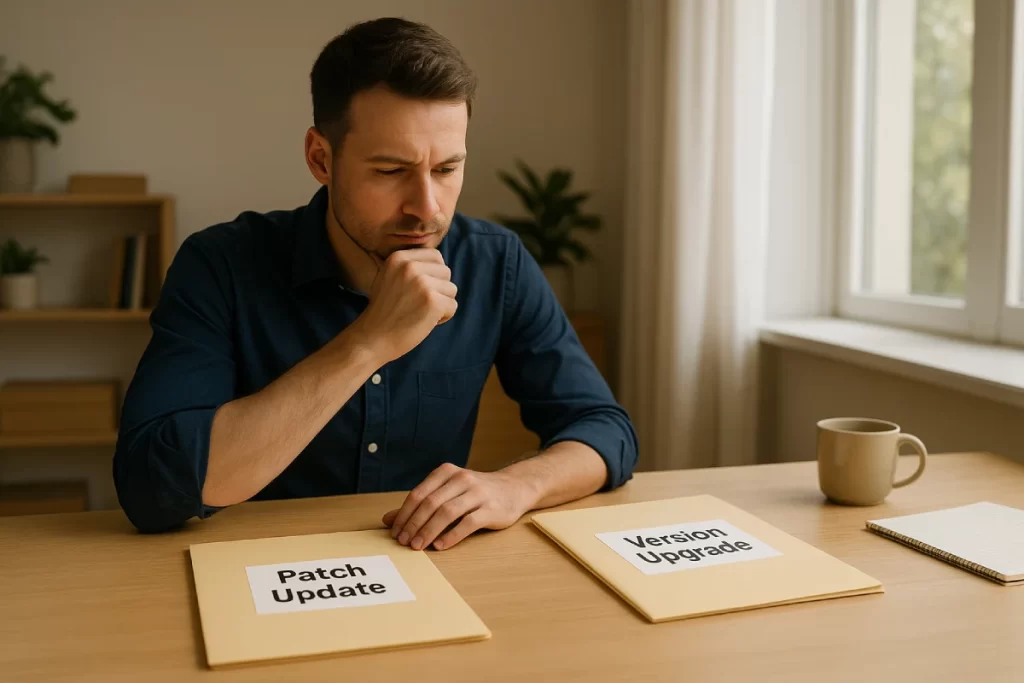 A thoughtful business owner sits at a desk with two folders labeled “Patch Update” and “Version Upgrade,” representing how to decide which TimeClick software update is needed.