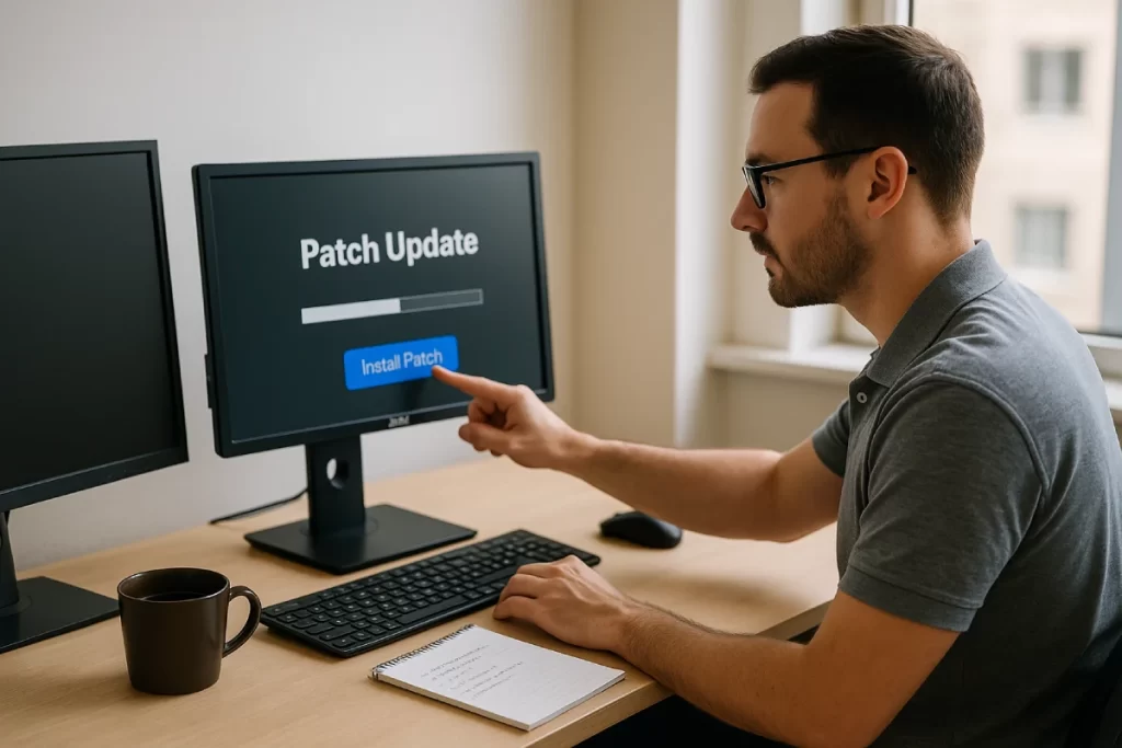 An IT professional updates TimeClick software on a desktop computer, clicking the “Install Patch” button in a bright office, symbolizing small fixes and performance improvements.