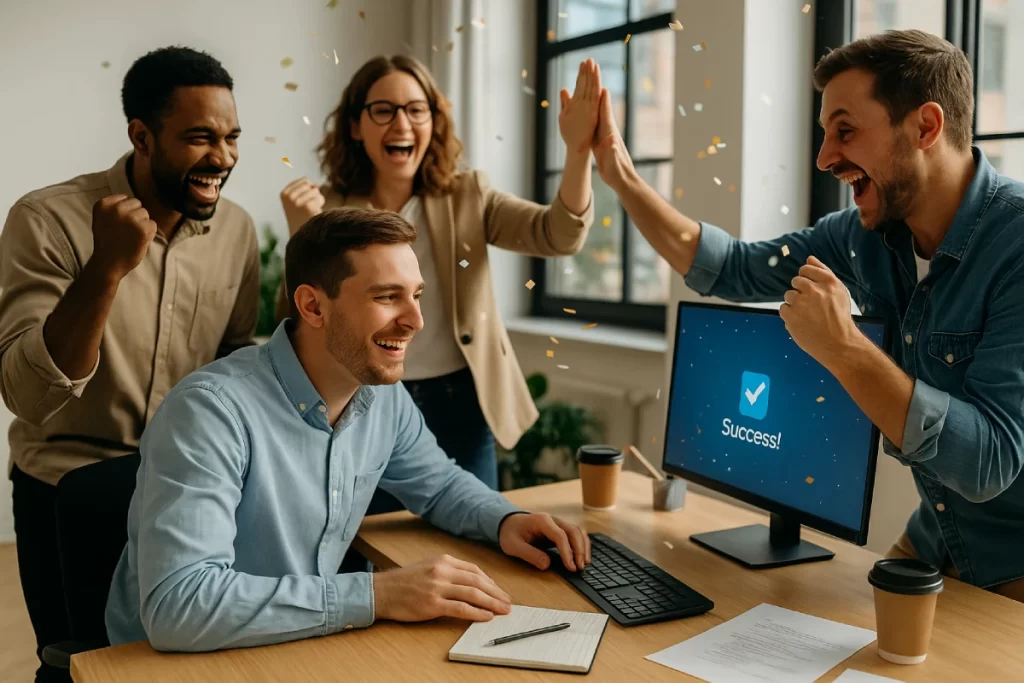 A small business team celebrates after completing a major TimeClick software version upgrade, smiling and high-fiving in a bright modern office filled with natural light.