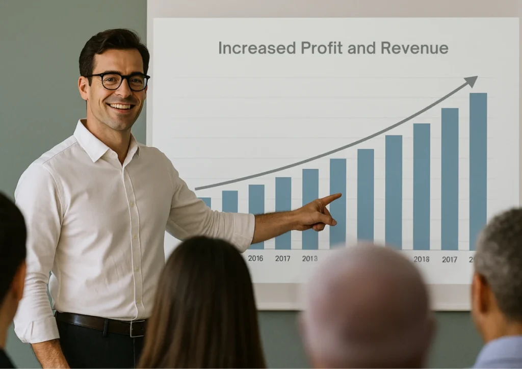 Architect showing a presentation of increased profit and revenue to team members with the help of Online Time Tracking Software