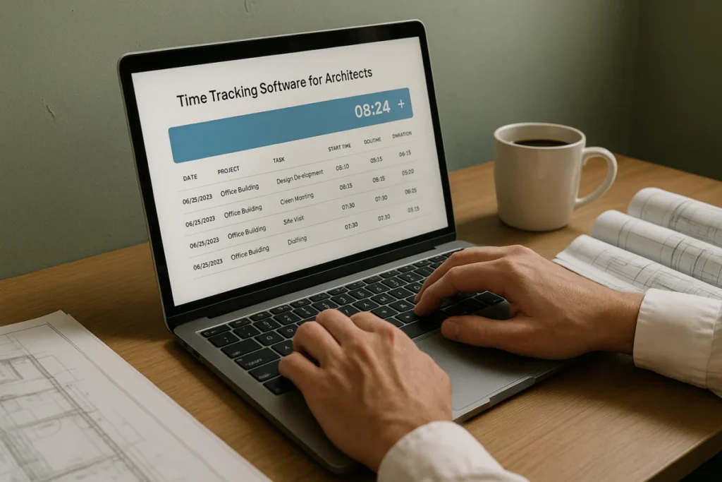 Architect working on a laptop with Time Tracking Software open, surrounded by blueprints and architectural plans.