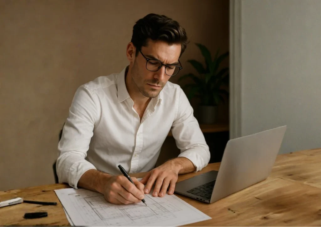 Architect reviewing blueprints at a modern office desk with Time Tracking Software open on a laptop
