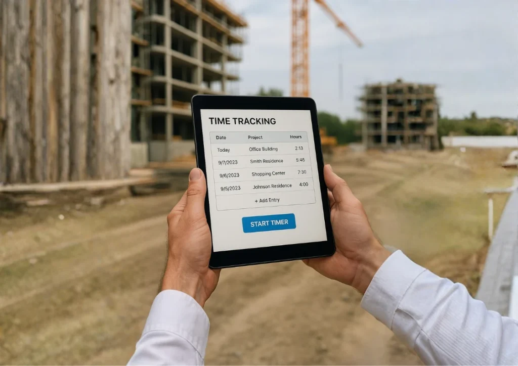 an architect holding a tablet which screen shows a Time Tracking Software at a construction site