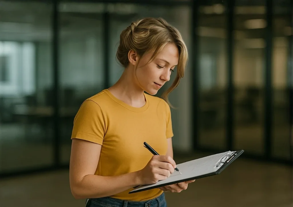 woman tracking time on notepad with Time Card Online