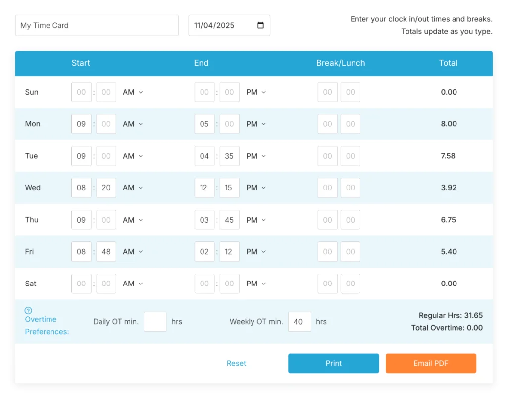 Online time card calculator showing daily start and end times, breaks, and total work hours with overtime settings.