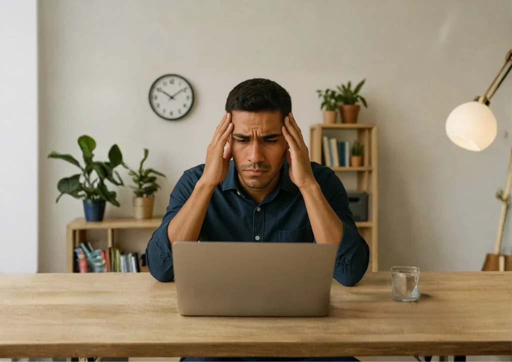male employee looking frustrated in front of laptop with no Free Time Card Calculator