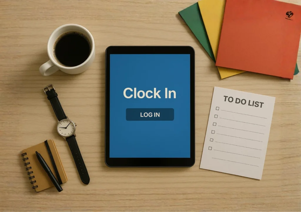 office supplies layout on top of working desk with tablet showing Clock In and Out software on screen