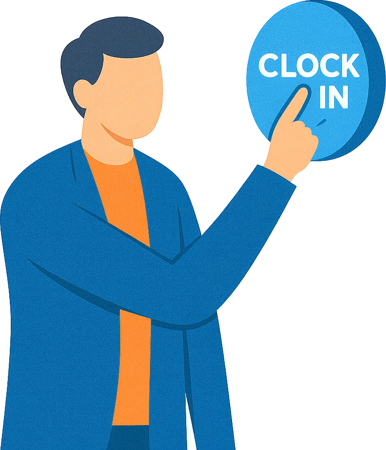 Illustration of a person pressing a large blue ‘Clock In’ button, representing simple clock-in actions in time clock software.