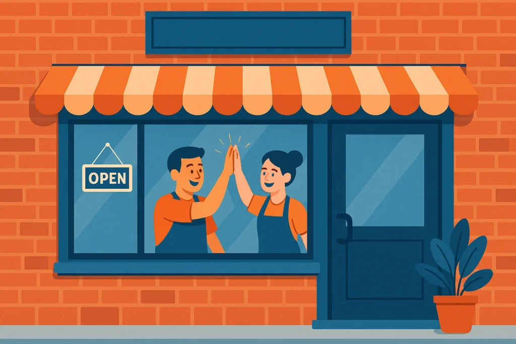 Store employees high-fiving in a shop window, representing teamwork made easier with time clock software.