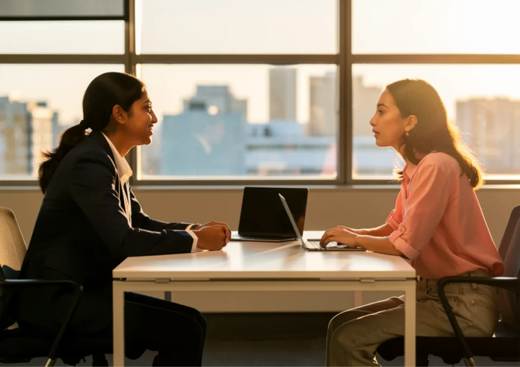 employee and employer having a meeting, discussing about Free Time Tracking Software