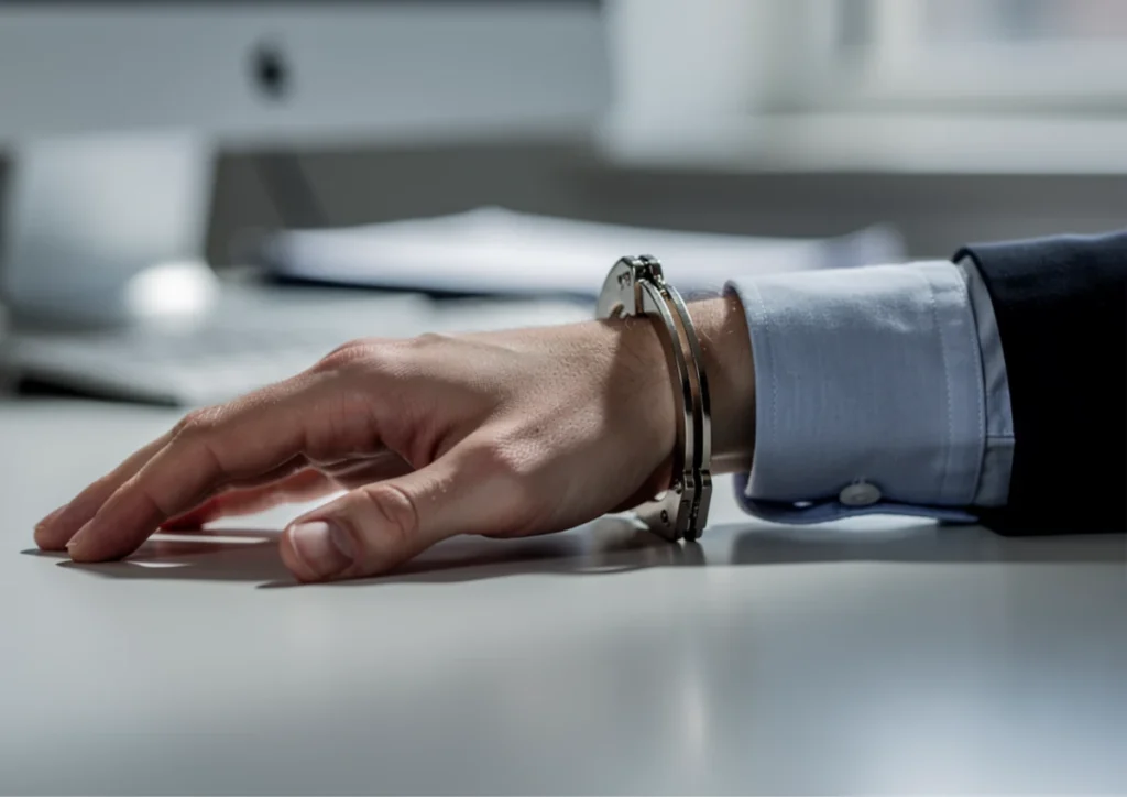 person hands in handcuff for violating law for not Clock In and Out software