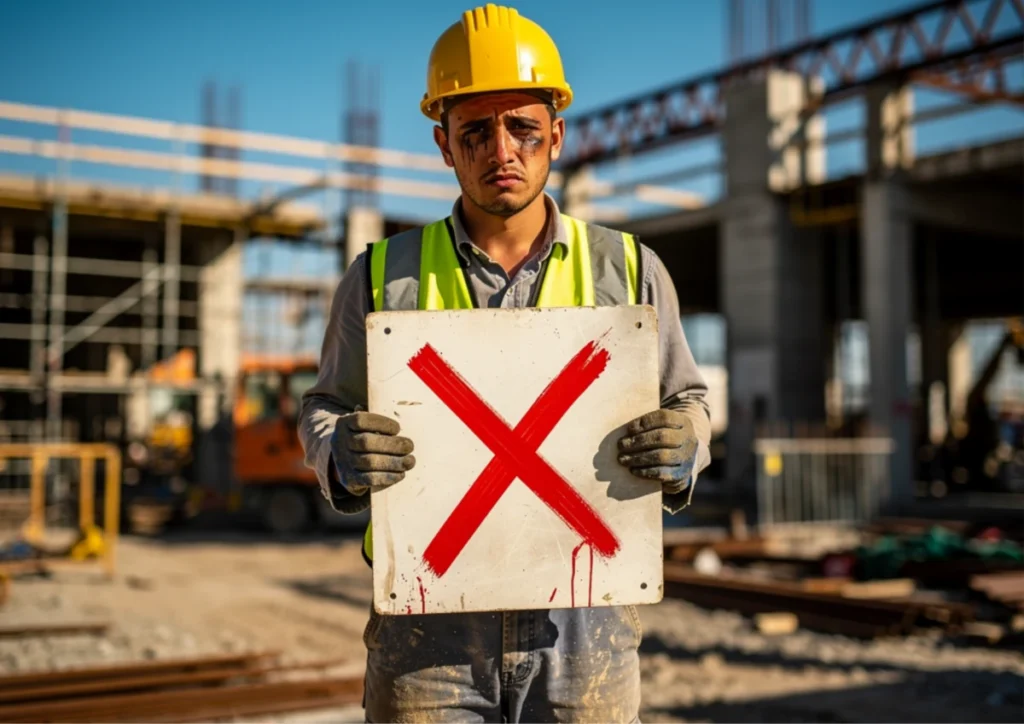overworked construction worker holding red x sign because there is no Time Tracking Software for Construction