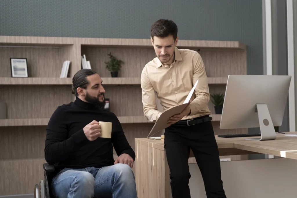two male employees discussing about Free Time Tracking Software