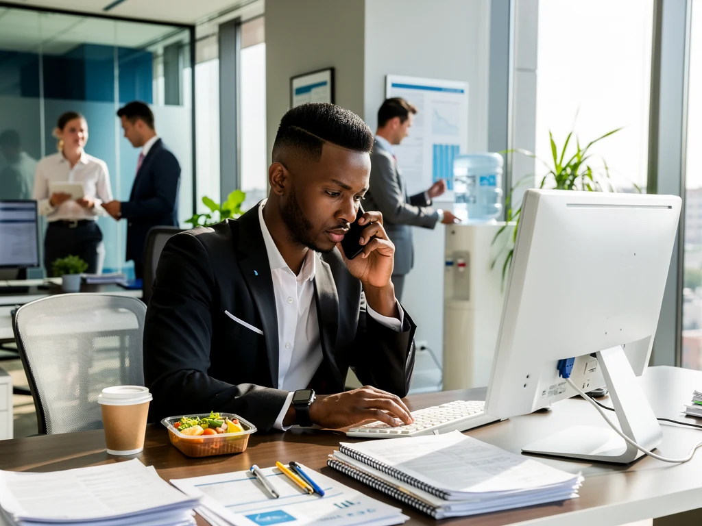 male employee on call in office using Time Card Calculator with Lunch