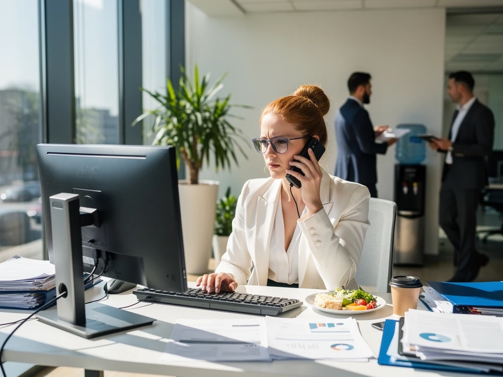 serious female employee on call at office desk using Employee Time Tracking Software