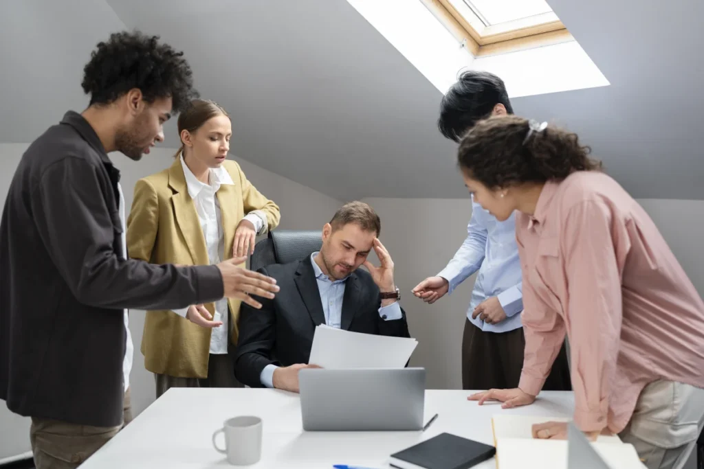 employees arguing to head executive of the company about not using Free Time Card Calculator