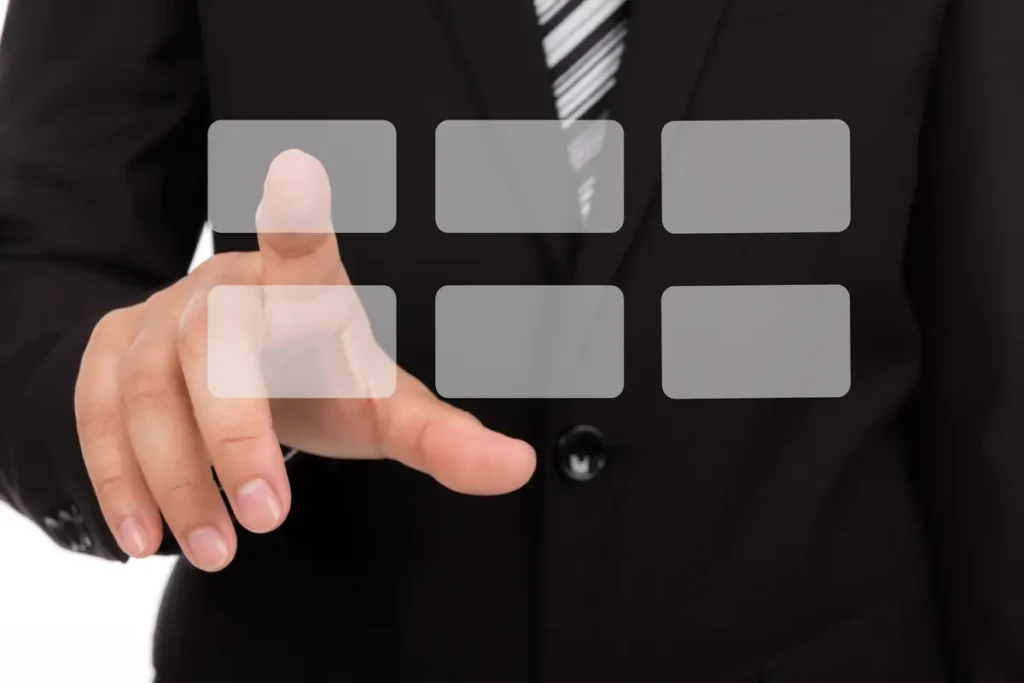 User interacting with a digital interface, representing selecting features in an online employee time clock system