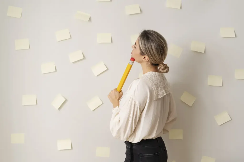 Employee thinking through work goals and priorities using notes on a wall for productivity