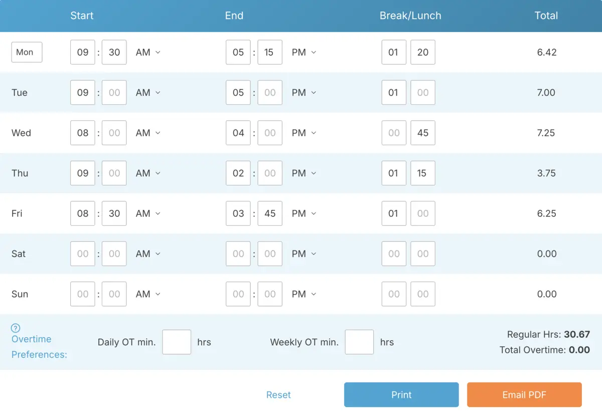 TimeClick time card calculator showing total hours, lunch deduction, and overtime calculation interface