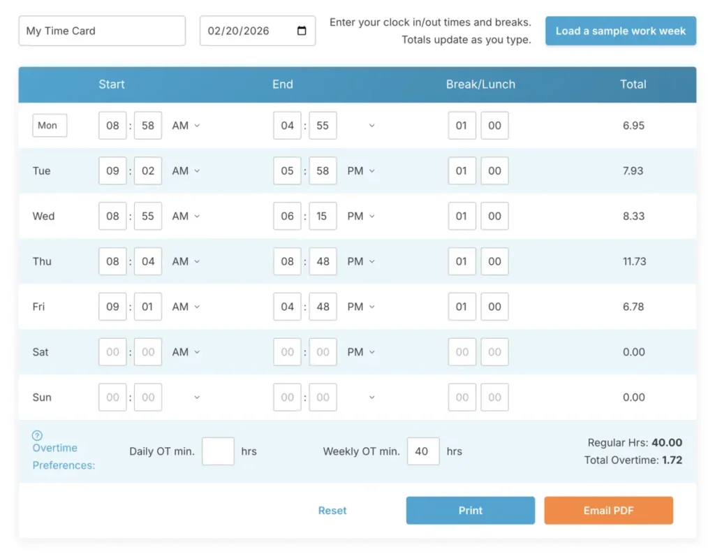 Free online time card calculator with overtime rules and lunch breaks automatically deducted