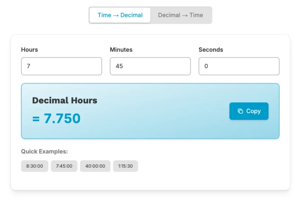 Hours and minutes to decimal hours conversion calculator