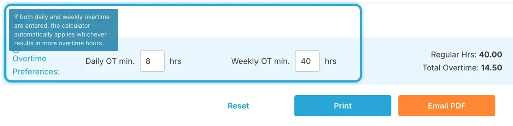 Both daily and weekly overtime fields filled in time card calculator