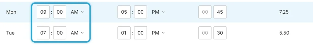 Employee clock-in times for time card calculator