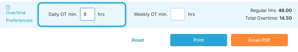 Daily overtime field in time card calculator